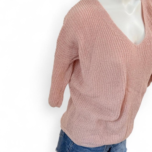 Blush pink oversized knit sweater 3/4 sleeve v-neck soft girl aesthetics - Picture 4 of 9